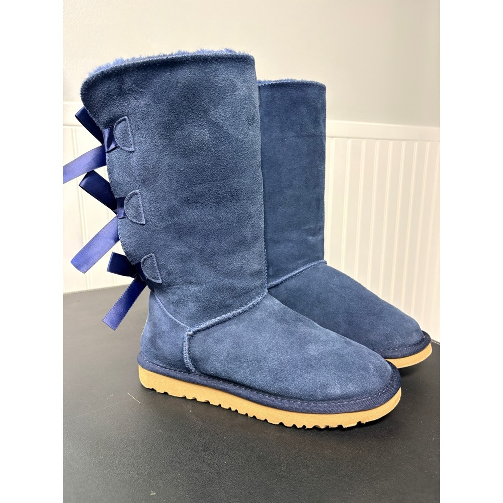 UGG Australia Bailey Bow Tall II Blue Suede Triple Bow Winter Boots Womens 7